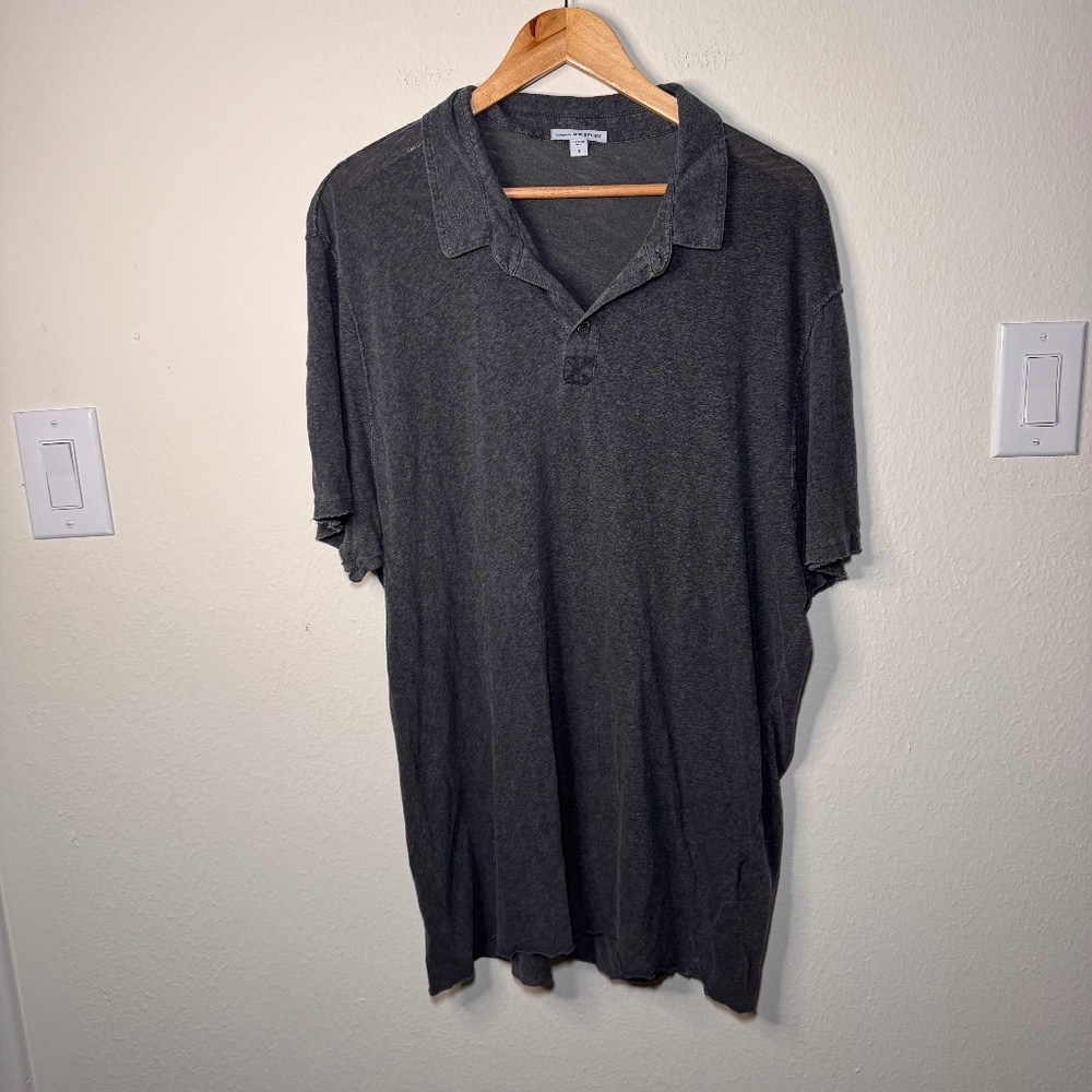 James Perse Polo Shirt Size 5 Linen Cotton Garment Dyed Charcoal Black Burnout